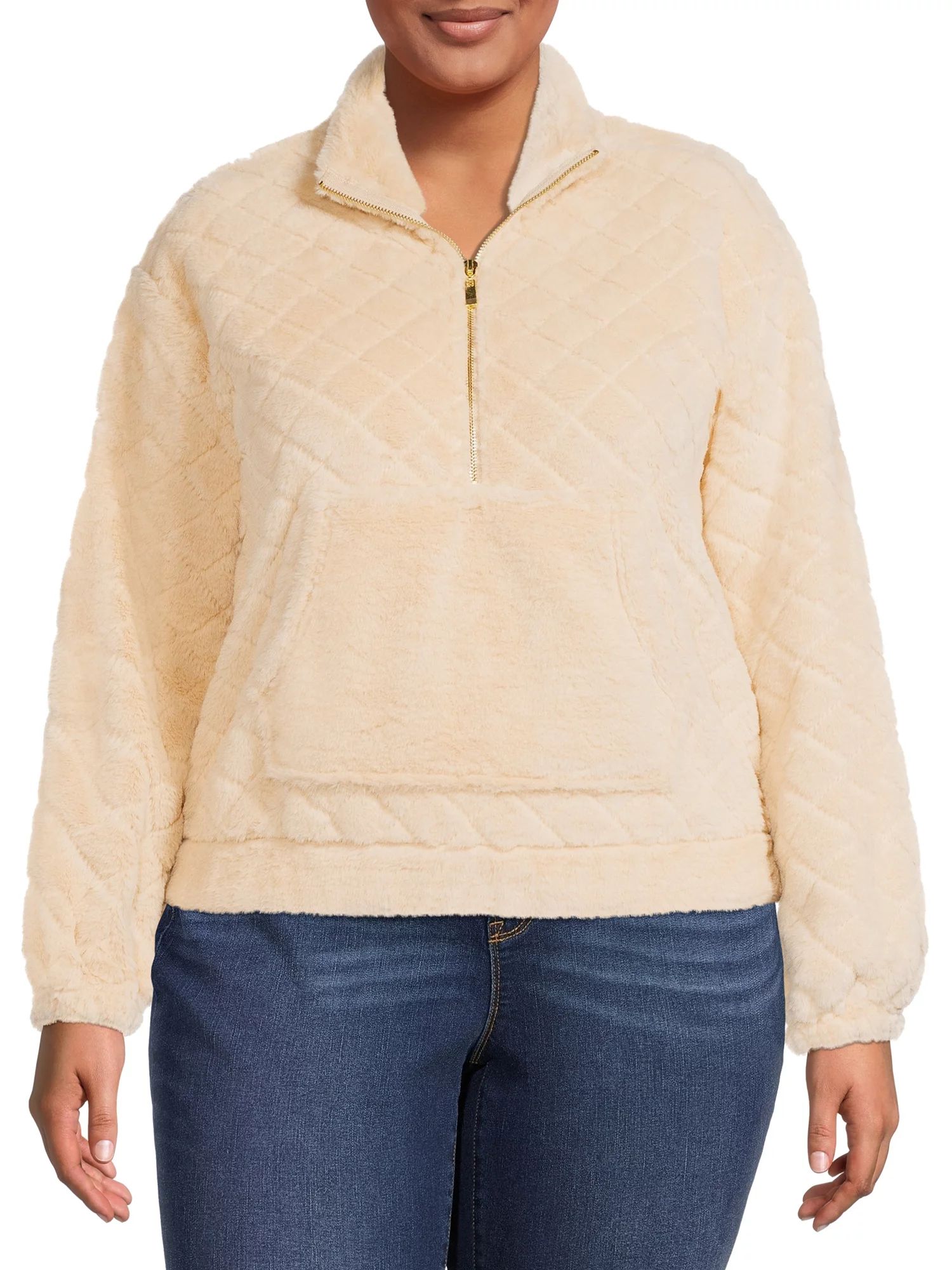 No Boundaries Juniors' Plus Size Quilted Faux Fur Pullover - Walmart.com | Walmart (US)