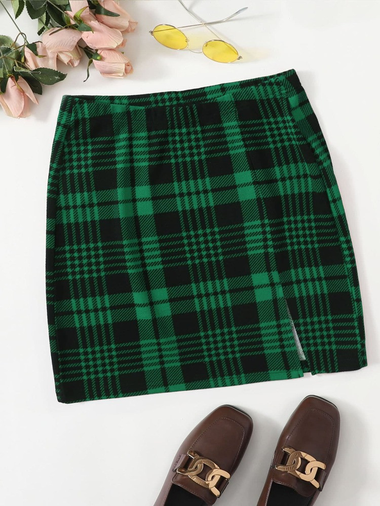 SHEIN Felegant Slit Hem Plaid Skirt | SHEIN