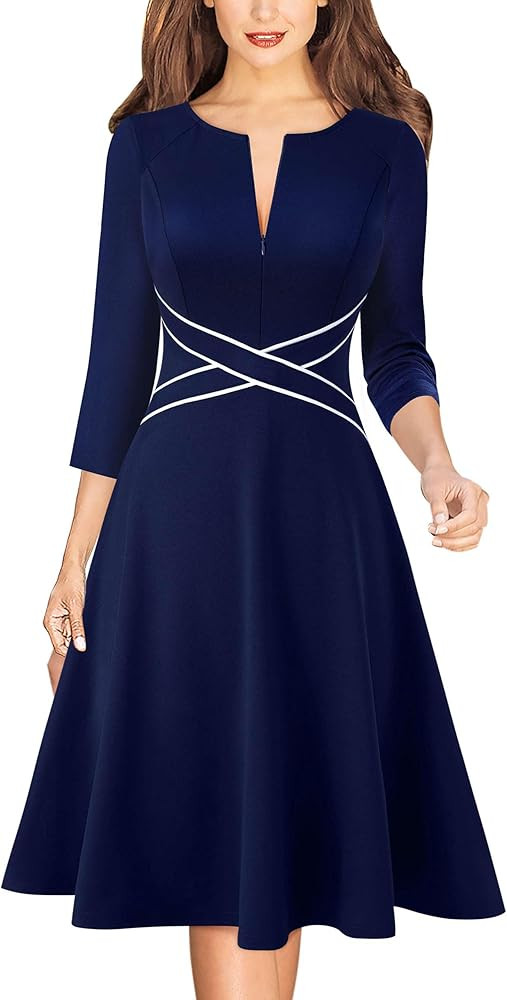 VFSHOW Womens Patchwork Colorblock Work Business Office Elegant Zipper up Slim A-Line Skater Dres... | Amazon (US)