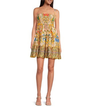 Woven Floral Print Spaghetti Strap Smocked Tiered A-Line Babydoll Mini Dress | Dillard's