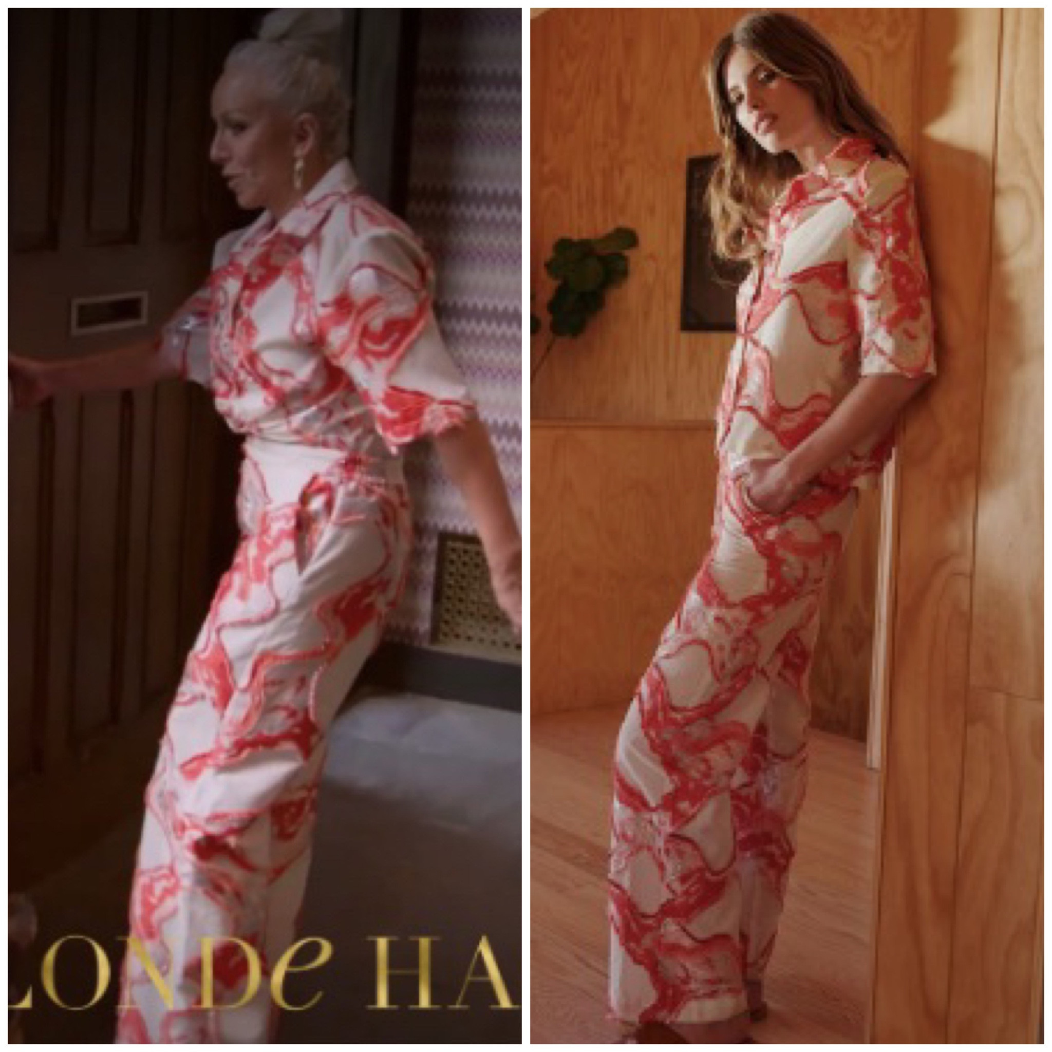 Margaret Josephs’ Red, White and Silver Metallic Print Shirt and Pants Set are the Arianne Elmy Vacation Flow Pants and Shirt // Similar linked below 
