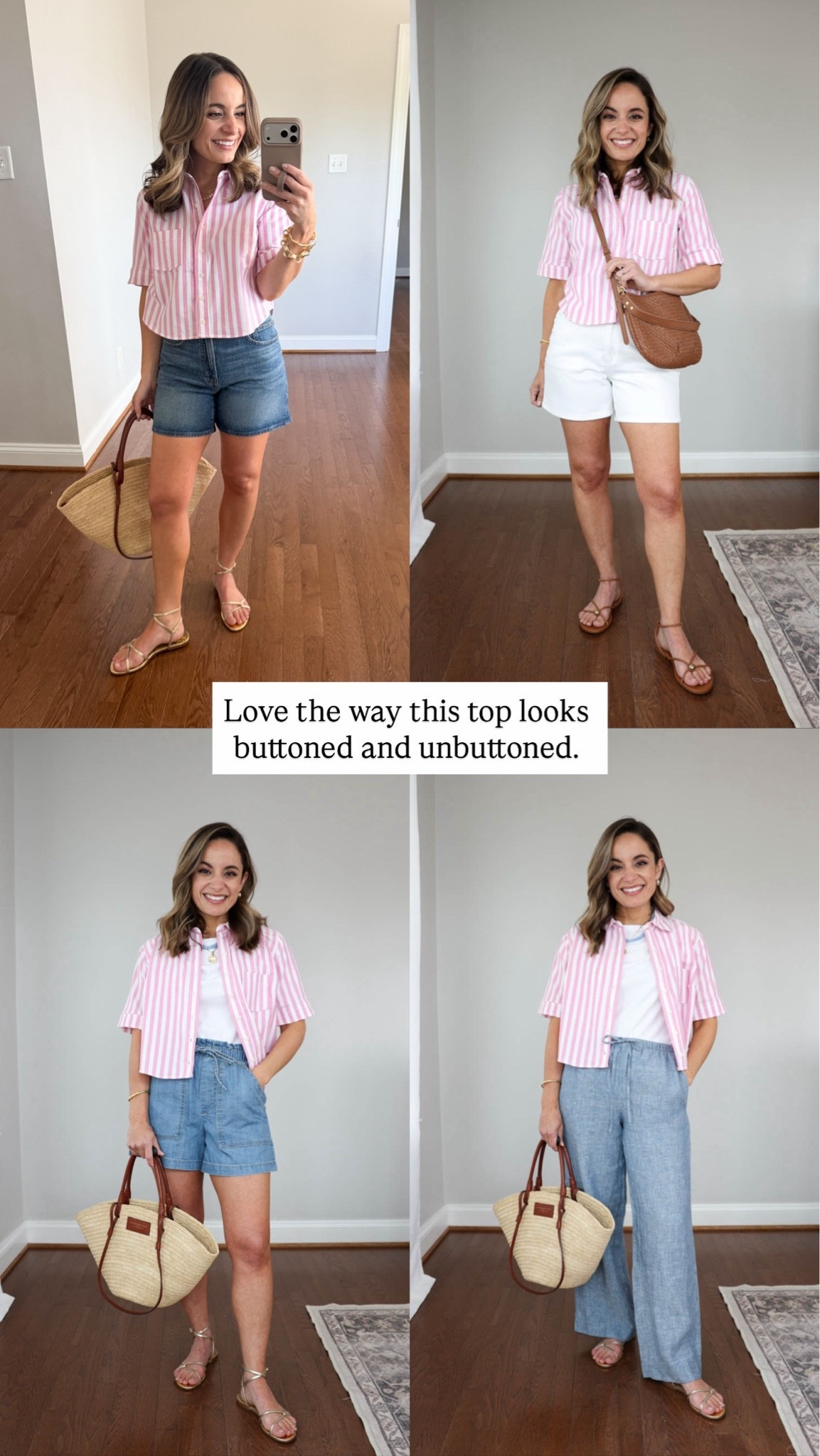 I heard you were looking for petite-friendly tops you can wear untucked!

Striped top (Anthropologie): xxs 
Jeans (Madewell): petite 24 
Denim shorts (Madewell): 25 - sized up 
White shorts (Quince): 24 
Pants (LOFT): petite 24/00 / 10” rise / 24” inseam 
Sandals (Sam Edelman): true to size

My measurements for reference: I’m 4’10” and 105lbs. My bust, waist, and hip measurement is 32”, 24”, and 36”.