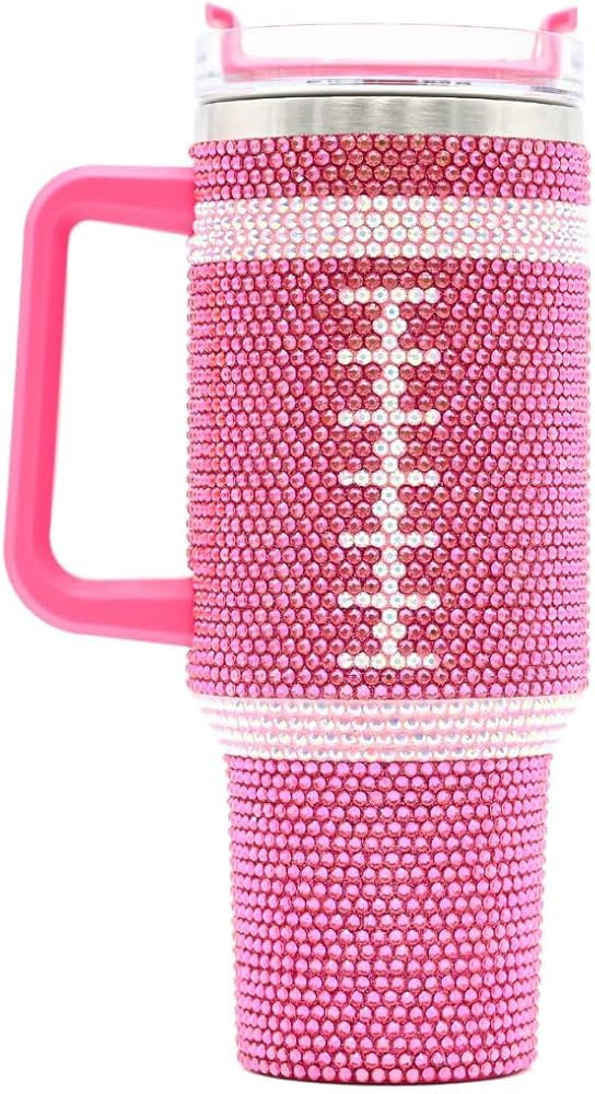 40 Oz Rhinestone Bling Tumbler Cup with Handle and Straw (PINK FOOTBALL), Stainless Steel and Dou... | Amazon (US)
