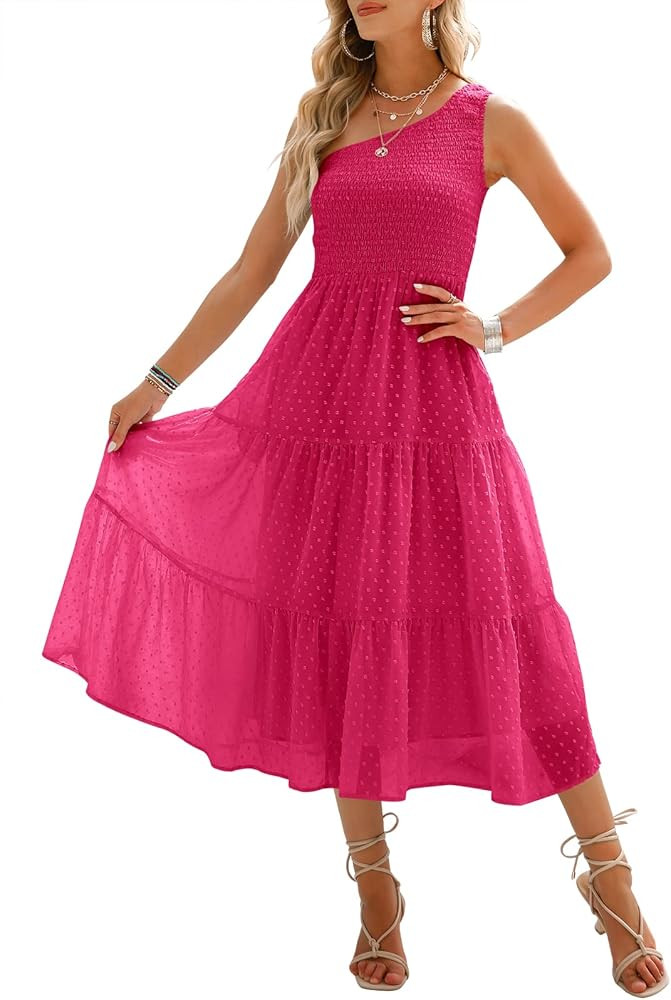 ANRABESS Women's Summer One Shoulder Sundress Sleeveless Swiss Dot Smocked Flowy Tiered Beach Lon... | Amazon (US)