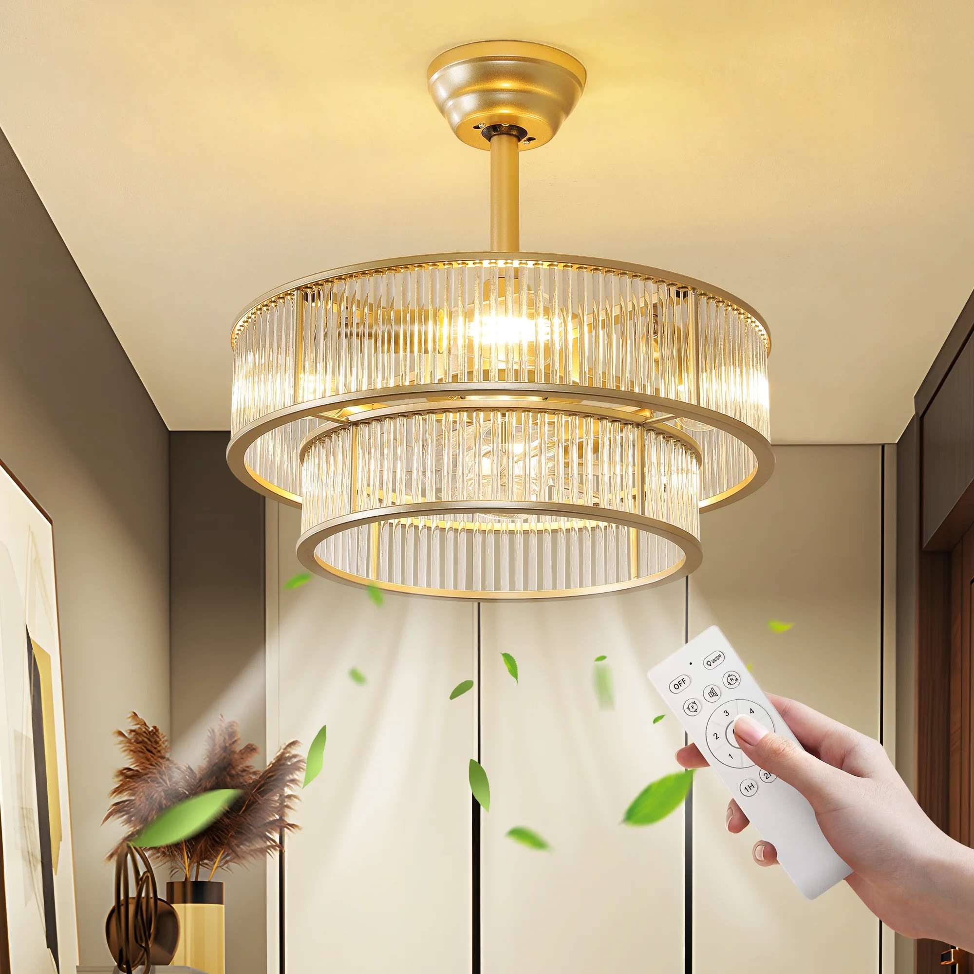 20" Gold Glass Chandelier Ceiling Fan with Light Remote Control, Gold Fandelier Ceiling Fans with... | Walmart (US)