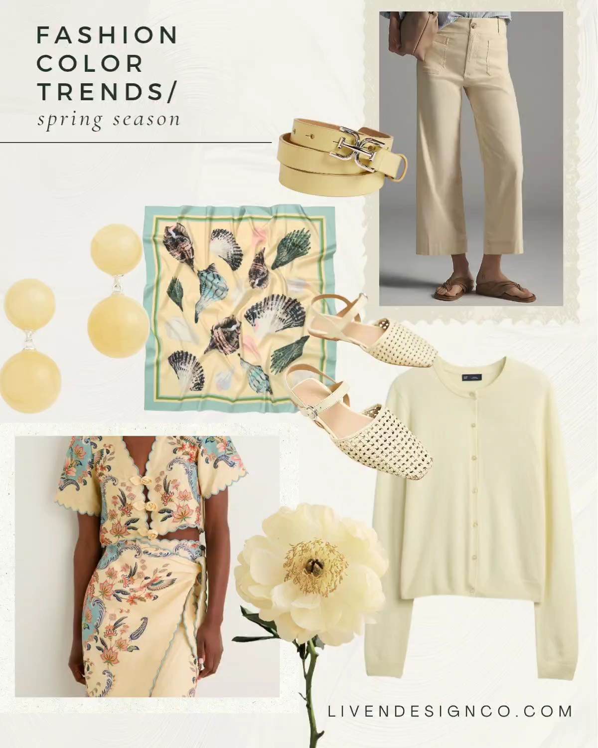 Fashion trends. Style inspiration. Spring style inspo. Pale yellow. Butter yellow. Yellow denim. Yellow belt. Yellow cardigan. Resort wear. Satin scarf. Shell print. Woven flats. Slingbacks. Ballet flats. Statement earrings 

#LTKSeasonal #LTKSaleAlert