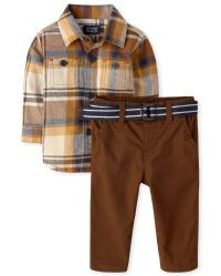 Baby Boys Dad And Me Long Sleeve Plaid Flannel Button Down Shirt And Belted Woven Chino Pants 2-P... | The Children's Place