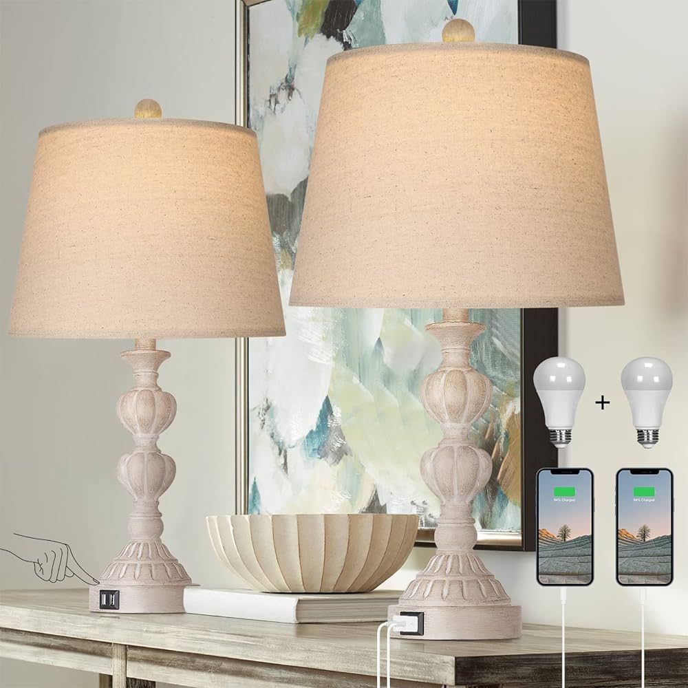 PARTPHONER Touch Control Coastal Farmhouse Table Lamp Set of 2, 3-Way Dimmable Bedside Lamp with 2 U | Amazon (US)