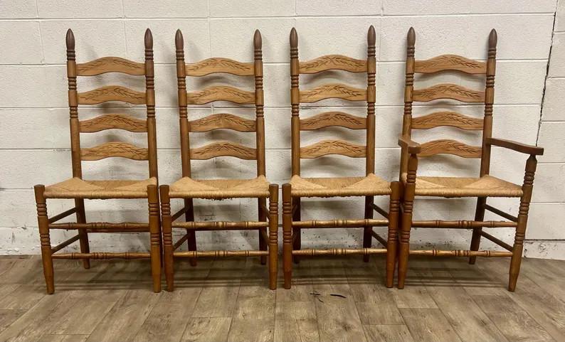 Vintage French Country Style Ladderback Rush Seat Dining Chairs - Set of 4 | Etsy (US)