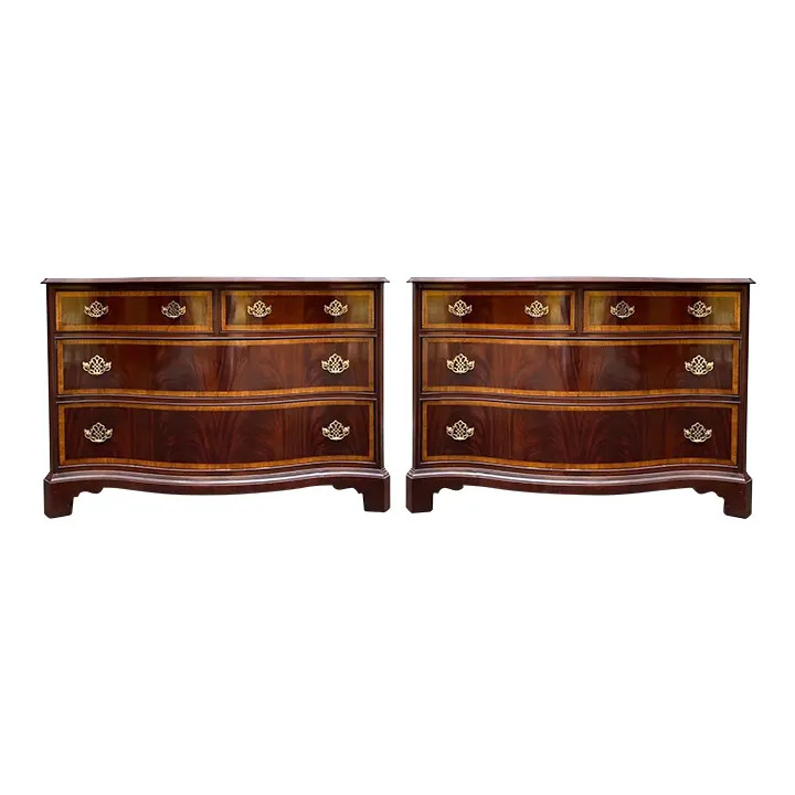 Hickory Furniture Chippendale Style Flame Mahogany Serpentine Chest - Pair | Chairish