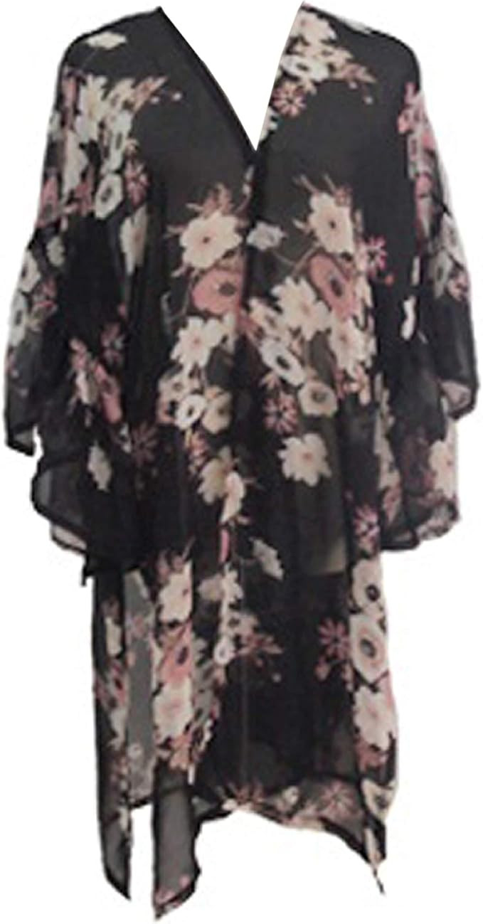 Floral Print Kimono Loose Bathing Suit Cover- Sheer Chiffon Cardigan Shawl Cape Top with Ruffle S... | Amazon (US)
