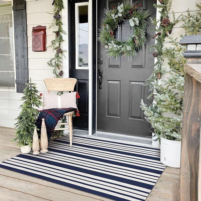 KOZYFLY Striped Outdoor Rug 3x5 Ft Area Rug Washable Navy and White Striped Front Porch Rug Front... | Amazon (US)