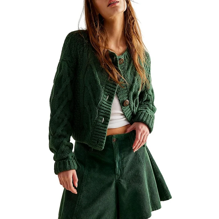 Women's Cable Knit Sweater Long Sleeve Round Neck Solid Color Button Down Cropped Cardigan Outwea... | Walmart (US)