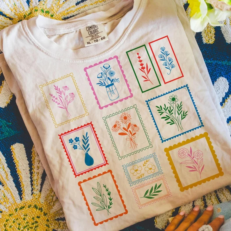 Whimsical flower postage stamps T-shirt, floral stamps Shirt, retro flower Shirt, boho flower Shi... | Walmart (US)