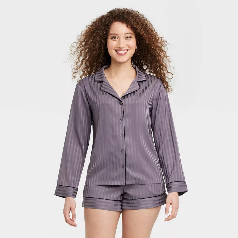 Women's Luxury Collection Shadow Striped Satin Notch Collar Top and Shorts Pajama Set - Auden™ | Target