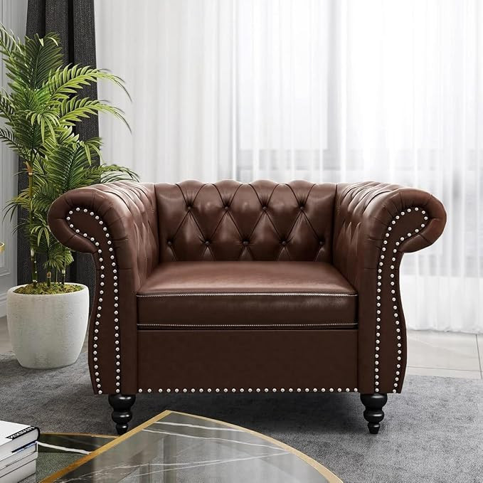 Leather Upholstered Armchair, Single Sofa Chair with Rolled Arms and Nailhead, Mid-Century Modern... | Amazon (US)