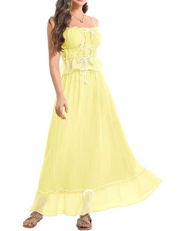 Boho Maxi Skirt Sets, Ruffle Flowy A-Line, Summer Vacation Date Night, 2-Piece Bow Sundresses Bea... | Amazon (US)