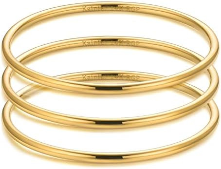 Kainier 3mm 14K Gold Plated Bracelet Stainless Steel Glossy Stackable Thin Round Bangle Bracelet ... | Amazon (US)