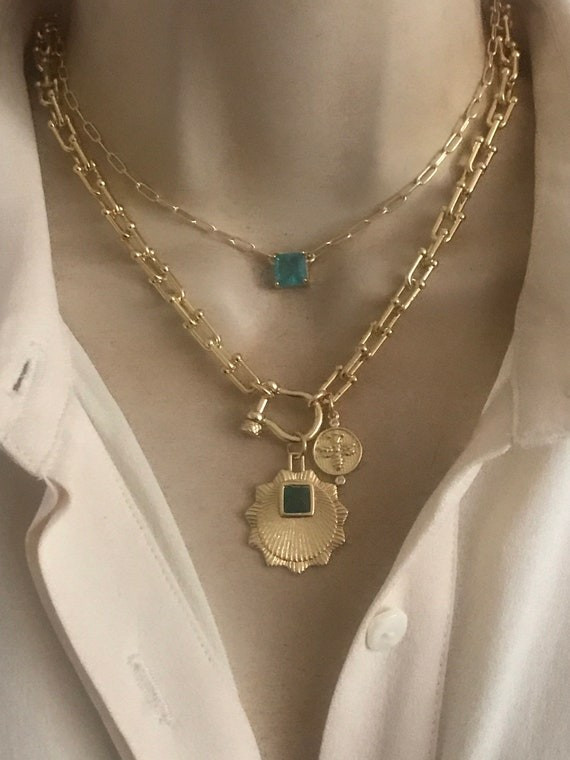 Double Charm Medallion With U Chain/ Emerald Cut Green - Etsy | Etsy (US)