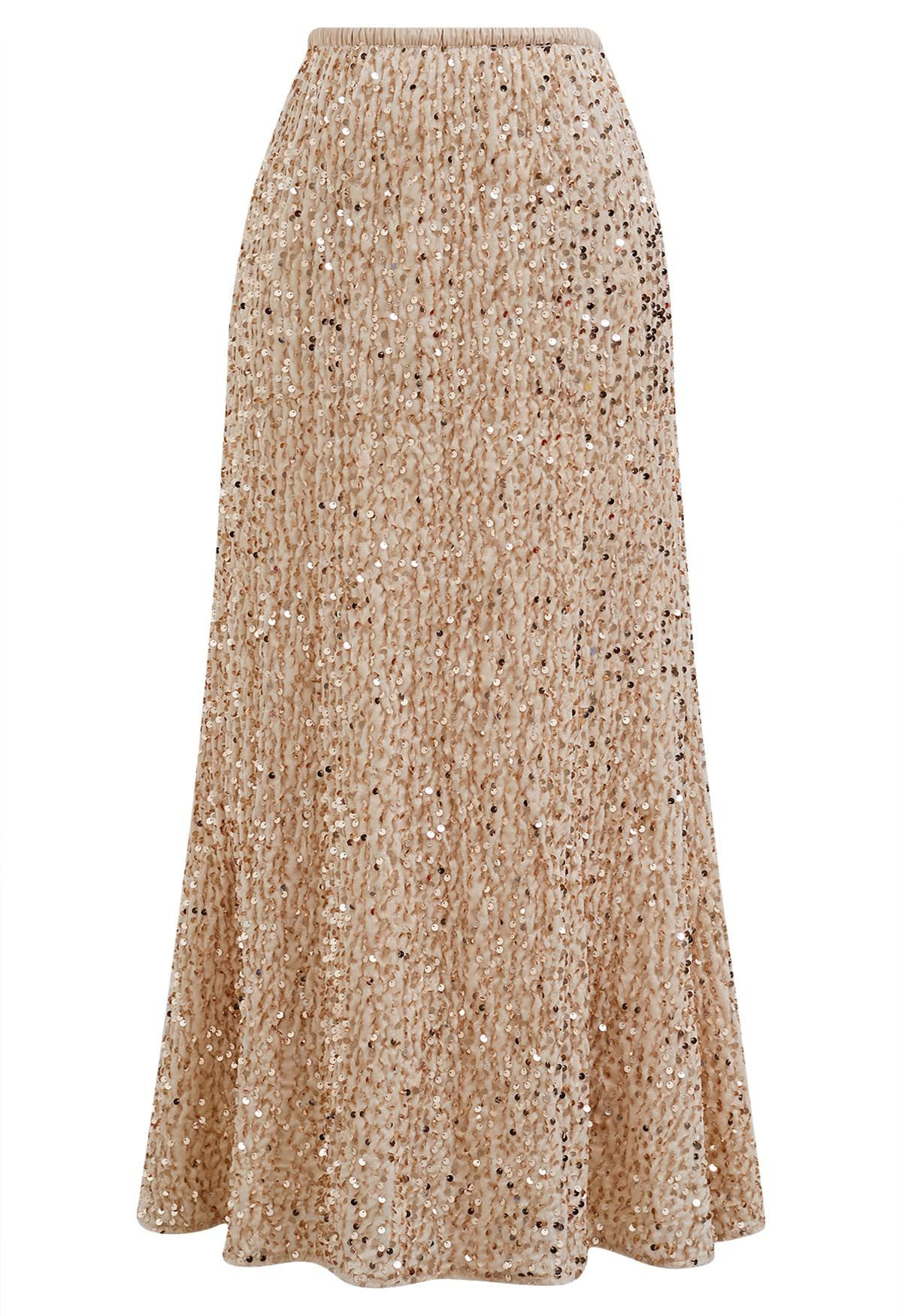 Dazzling Dream Sequin Velvet Maxi Skirt in Champagne | Chicwish