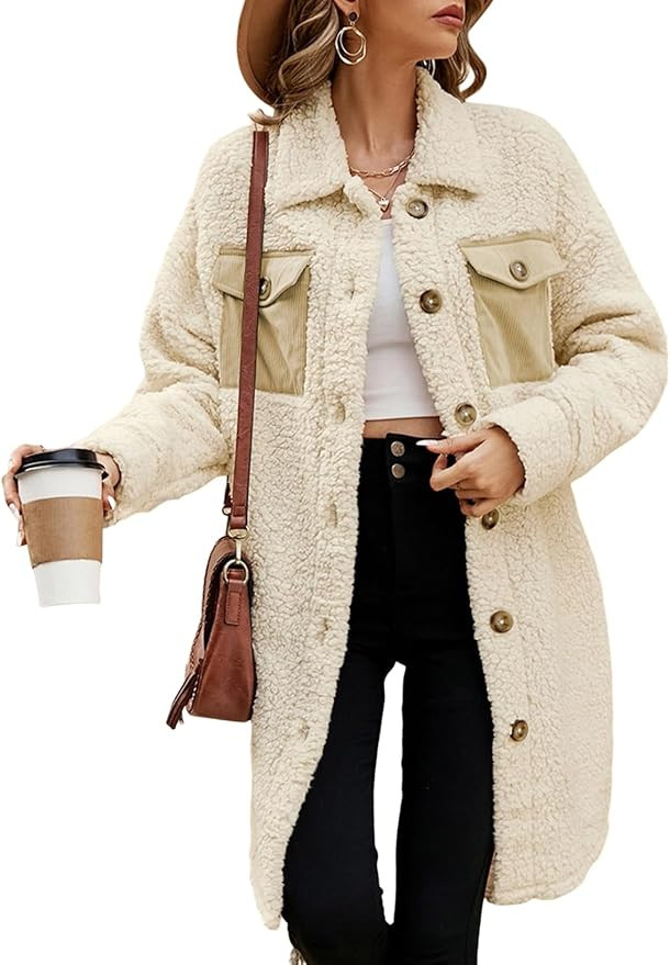 EVALESS Fuzzy Fleece Jackets for Women Fashion Long Sleeve Lapel Button Down Long Teddy Coat Faux... | Amazon (CA)