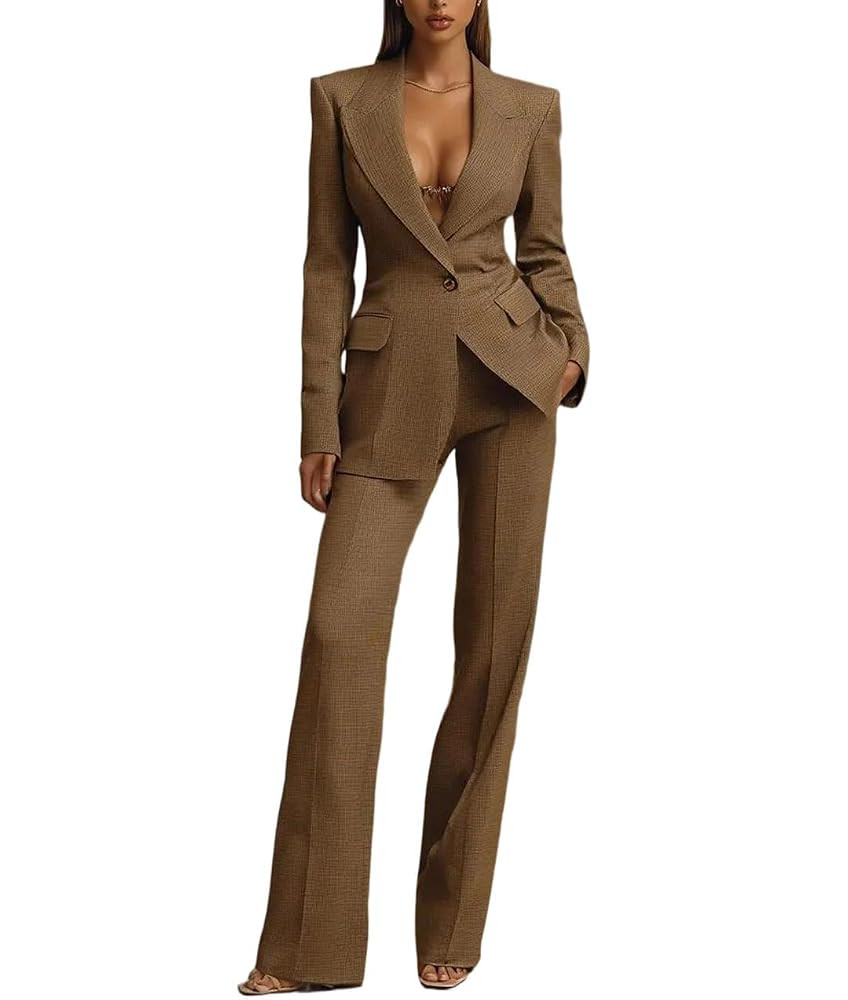 Women's Spring Solid Color Long Sleeve Shawl Collar Button Suit Wide Leg Pants Suit | Amazon (US)