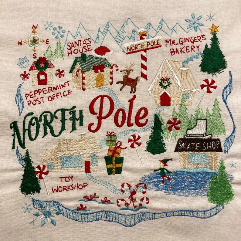 Embroidered Christmas Pillow North Pole Town Design - Etsy | Etsy (US)