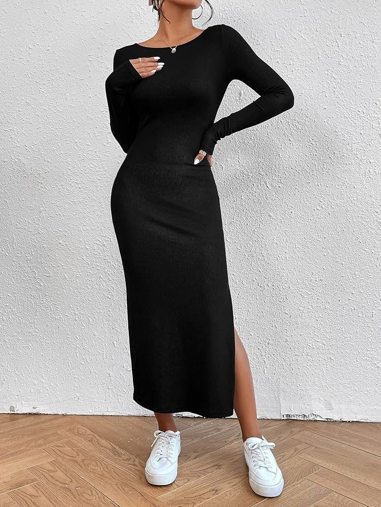 Summer Dresses for Women 2023 Solid Slit Thigh Long Sleeve Dress | Amazon (US)