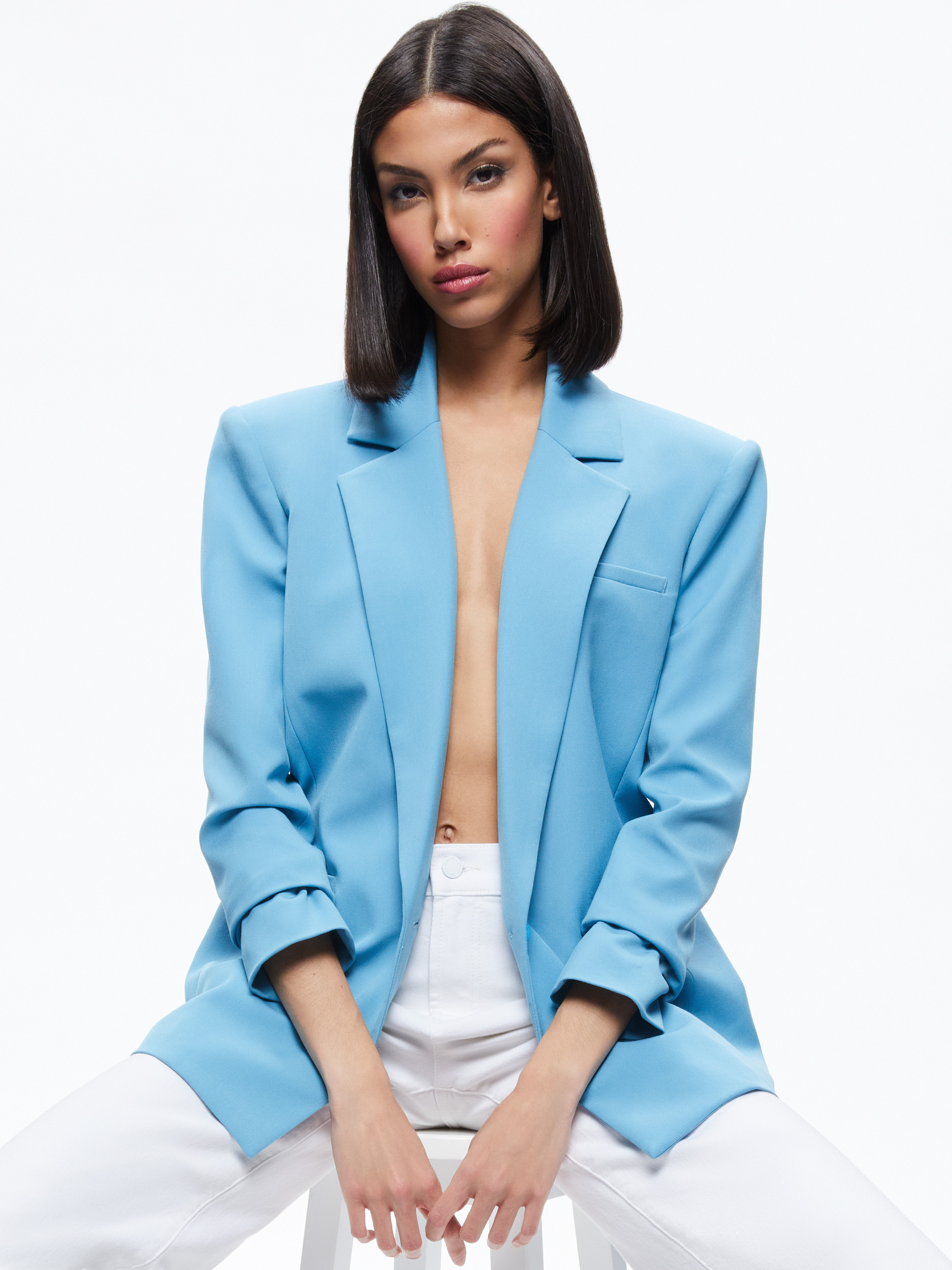 SHAN STRONG SHOULDER RUCHED SLEEVE BLAZER | Alice + Olivia