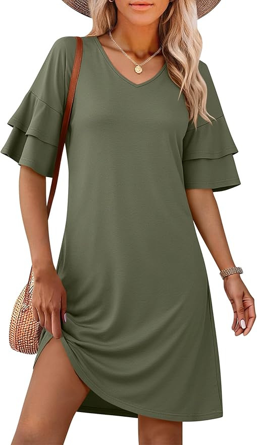 ANRABESS Womens Summer Dresses 2026 Ruffle Sleeve V Neck Casual A Line Tshirt Mini Dress Beach Va... | Amazon (US)