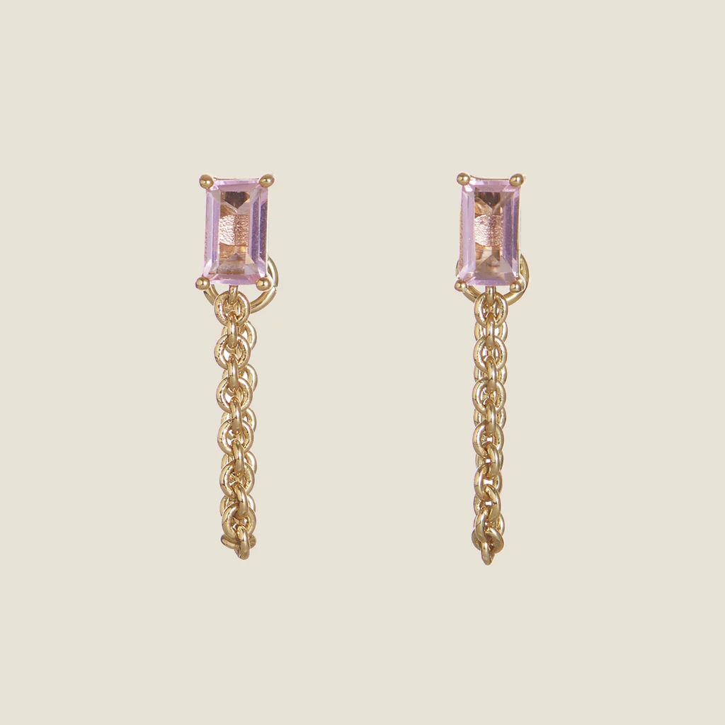 Pink Baguette Chain Drop Studs | Nickel and Suede