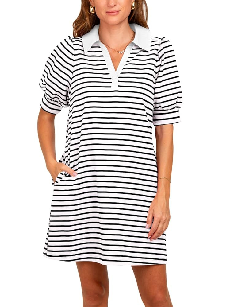 Yousify Women's Summer Lapel Collared V Neck Striped Dress Casual Puff Short Sleeve Polo Tshirt D... | Amazon (US)