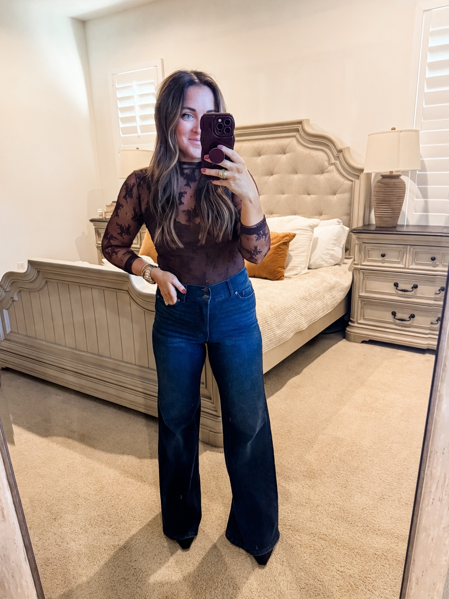 Top - M, Denim - 6 (tts)
5’2” 145 lbs 
—
Walmart denim | Walmart finds | Free people top | Lace top | Fall blouse | Transition to fall | Chocolate brown | Bell bottom jeans | Flare denim 

#LTKFindsUnder50 #LTKShoeCrush #LTKStyleTip