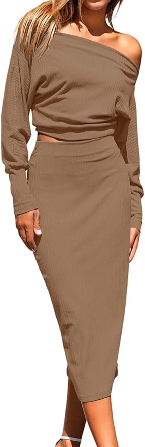 MASCOMODA 2024 Long Sleeve Midi Skirt Sets Women 2 Piece Outfits Off Shoulder Top Bodycon Ribbed ... | Amazon (US)