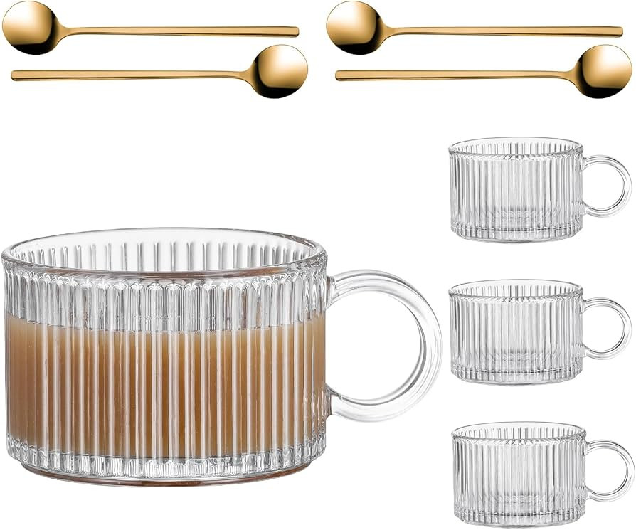 Buaic 4 Pack Glass Coffee Mugs with Handle & Spoon,14 OZ Vertical Stripes Glass Coffee Cups,Ribbe... | Amazon (US)