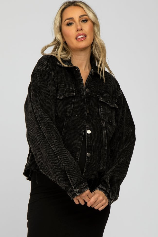 Black Corduroy Distressed Hem Cropped Maternity Jacket | PinkBlush Maternity