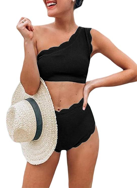 Aleumdr Womens Vintage High Waisted Two Pieces Scalloped Trim One Shoulder Bikini Bathing Suit | Amazon (US)