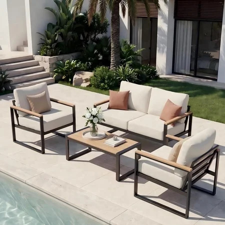 Sumnthink 4-Piece Outdoor Patio Furniture Set, Modern Metal Conversation Set for Porch, Deck, Balcony (Beige) | Walmart (US)