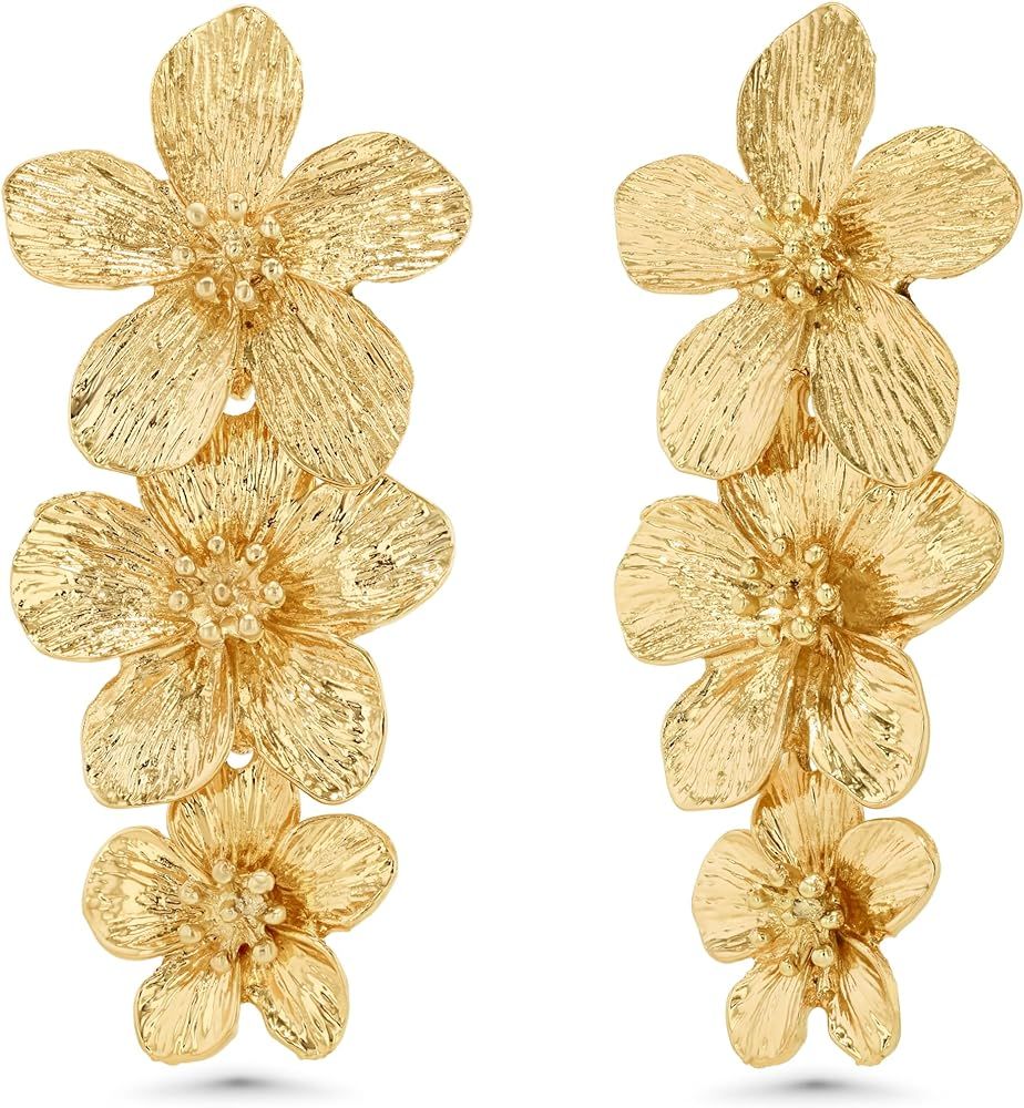 Gold Triple Flower Earrings, Yellow Gold, yellow gold | Amazon (US)