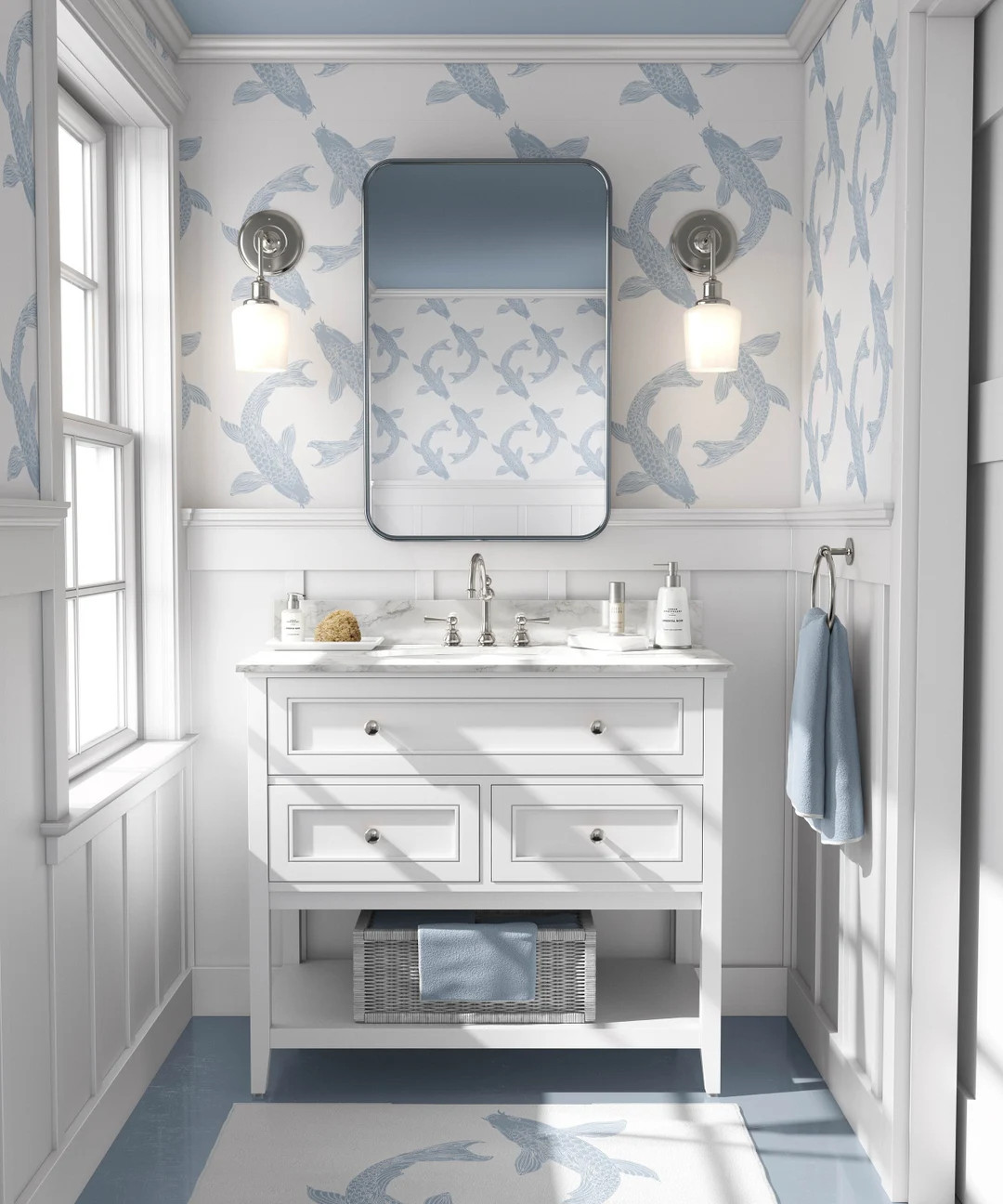 Classic Koi Fish Illustration  Wallpaper -   Beach House Blue  on a White Background | Etsy (US)