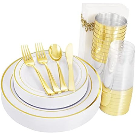 175 Piece Gold Dinnerware Set - 50 Gold Rim Plastic Plates - 25 Gold Plastic Silverware - 25 Gold Pl | Amazon (US)