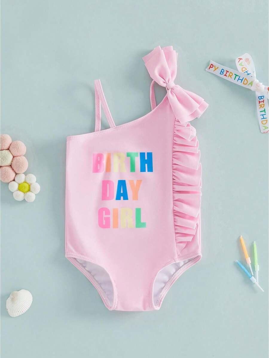 LocalToddler Girl Birthday Swimsuits Birth Day Girl Letter Print Sleeveless Bathing Suit Rash Gua... | SHEIN