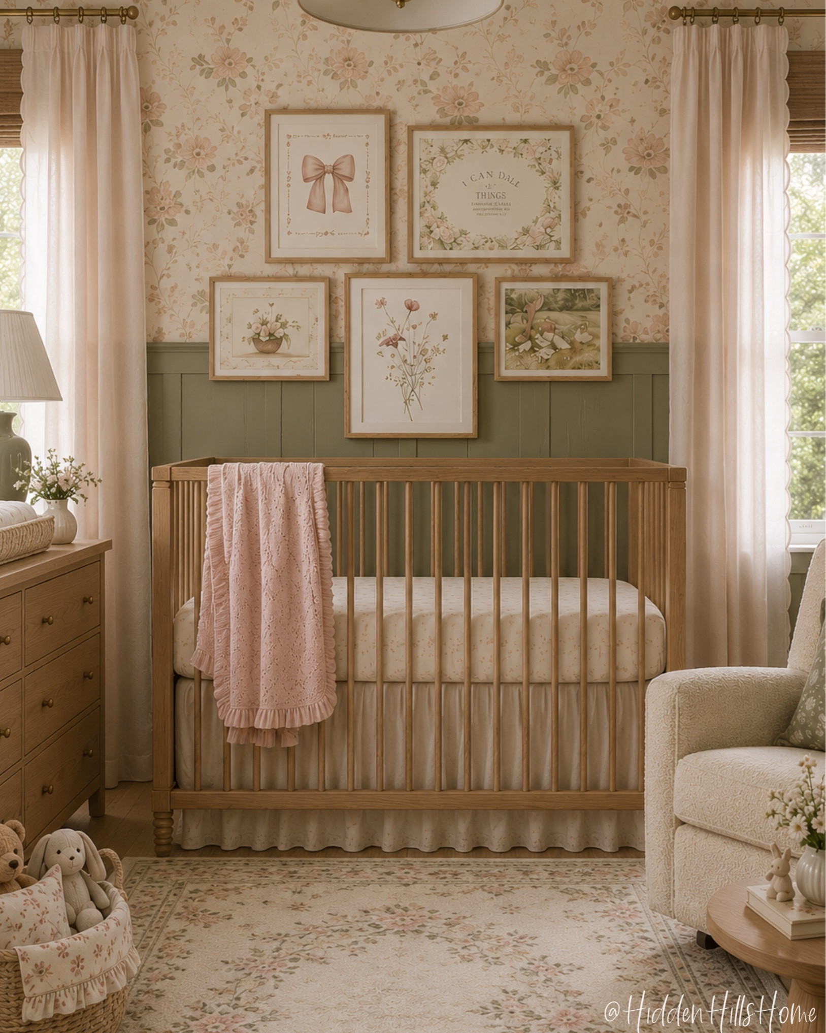 Nursery decor, baby girls room decor, nursery mood board, pink and green nursery, crib, nursery inspiration, baby room design #baby #nursery