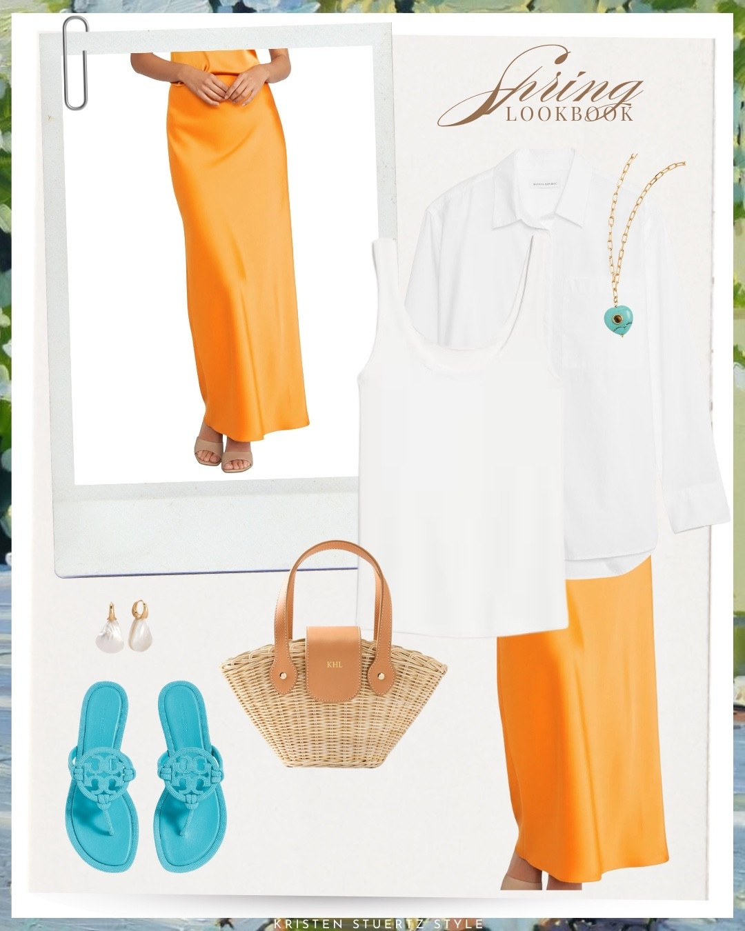 A silky maxi skirt outfit for spring. This colorful satin maxi skirt is paired with a white tank, a button up shirt for layering, Tory Burch turquoise sandals, Mark & Graham wicker bag, and coordinating jewelry.

@ltk 

#date night outfits #spring outfits 2026 #vacation outfits beach #ltkshoecrush



