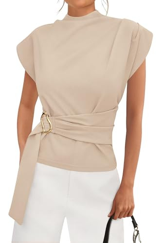 PRETTYGARDEN Women Blouses Spring Dressy Cap Sleeve Mock Neck Work Shirts Buckle Tunic Summer Business Casual Tops 2026(Beige,Large) | Amazon (US)