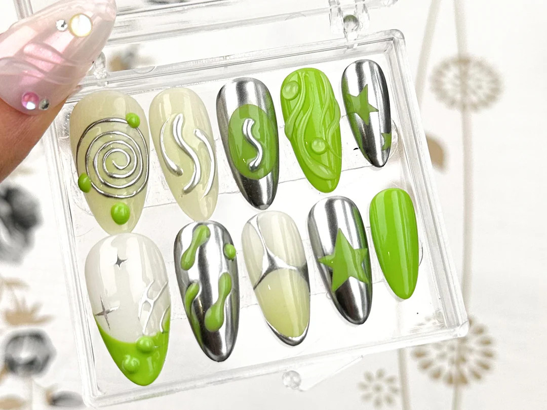 Y2K Inspired Green Fake Nails | Glossy Green Press on Nails Almond | Starry Gel Patterns and Gree... | Etsy (US)