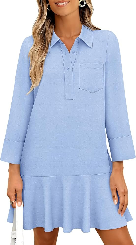 MEROKEETY Women's 2025 Fall 3/4 Sleeve Shirt Dress Casual Button Down Shift Pleated Midi Dresses ... | Amazon (US)