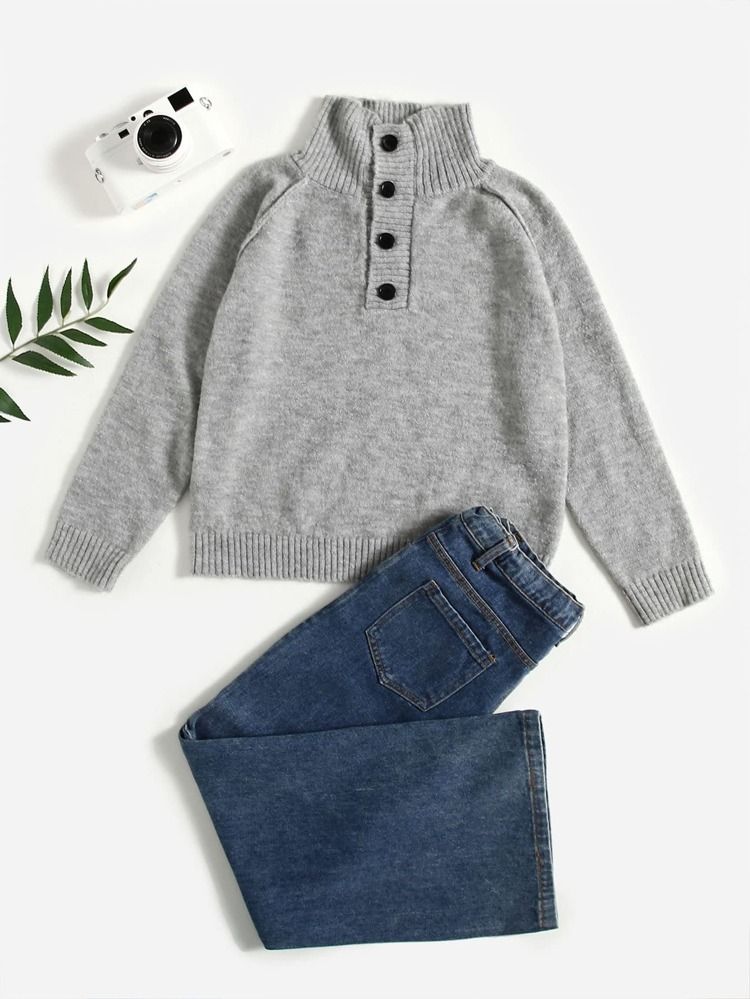 SHEIN Boys Half Button Raglan Sleeve Sweater | SHEIN