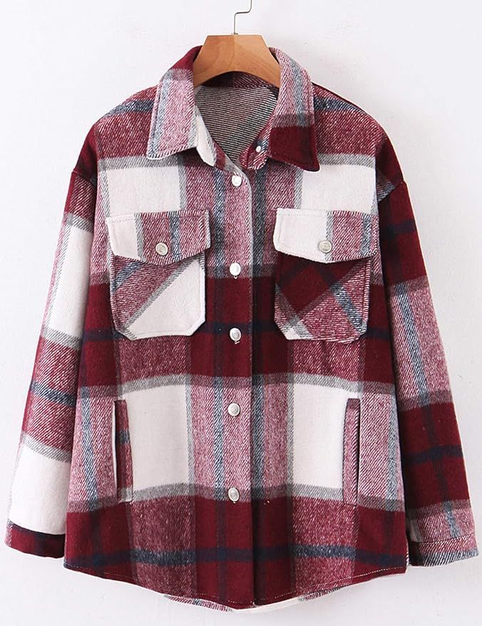 Tanming Womens Wool Blend Plaid Lapel Button Short Pocketed Shacket Shirts Coats | Amazon (US)