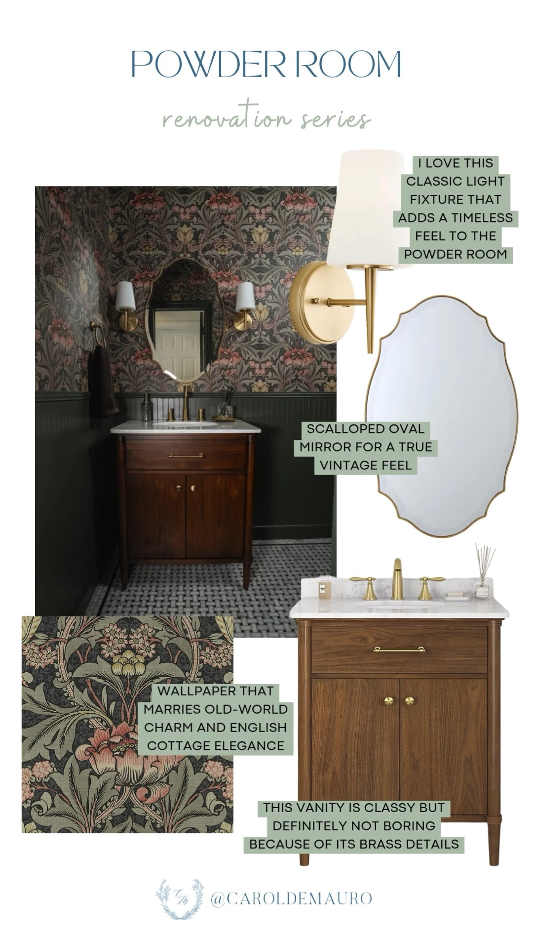 Moody floral wallpaper, a wood vanity with brass details, and a scalloped mirror — this powder room is giving old-world charm and cottage elegance all at once.

bathroom renovation, vintage bathroom, interior design, home inspo, vanity inspo, statement wallpaper

#LTKHome
